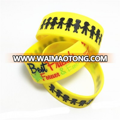 Yellow color India debossed color filled in silicone wristband , 1 inch best friends silicone bracelet